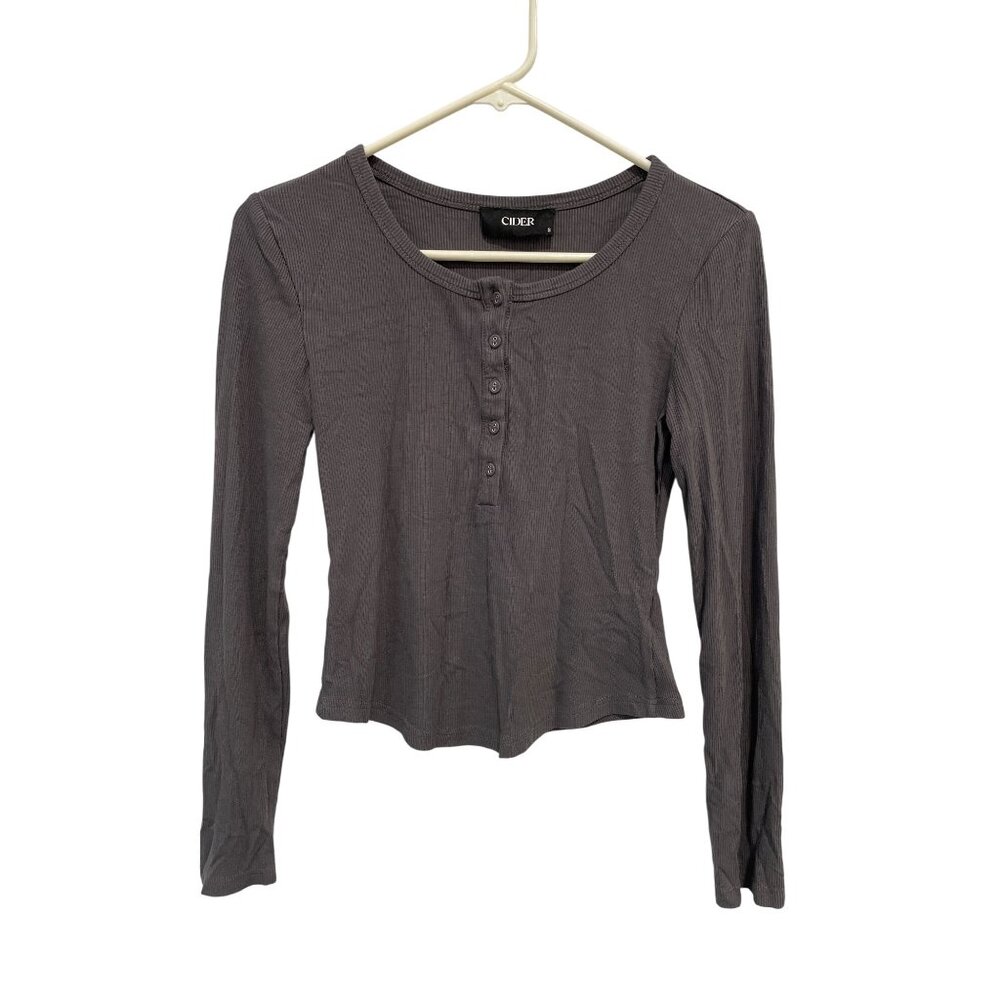 Cider Henley Top Size Small Ribbed Long Sleeve Cropped Gray Rayon Blend Stretch
